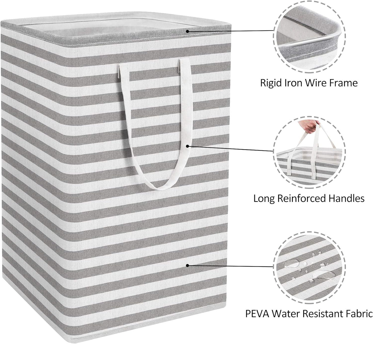 2-Pack Large Laundry Basket, Waterproof, Freestanding Laundry Hamper, Collapsible Tall Clothes Hamper with Extended Handles for Clothes Toys (Stripe)