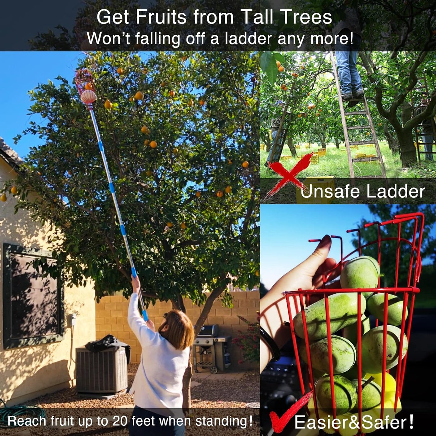 Fruit Picker Pole Tool with Basket Long Handle,Adjustable Apple Orange Picker Pole Tool with Basket for Avocado Acorn Lemon Pear Mango Tree Picker