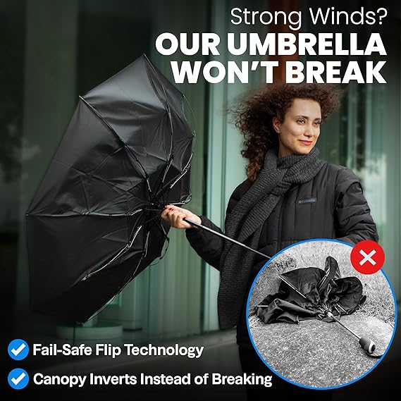 Windproof Compact Umbrellas for Rain - Strong Design & Auto Open & Close - Portable Folding Travel  -All-weather-Light & Portable for Women & Men,Black