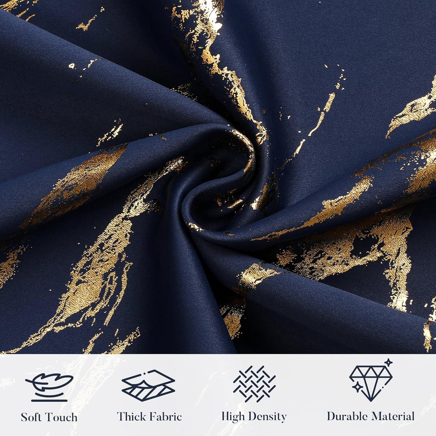 90% Blackout Curtains 2 Panels, Gold Marble Patterned Blackout Curtains Thermal Insulated Room Darkening Drapes for Living Room ,Navy