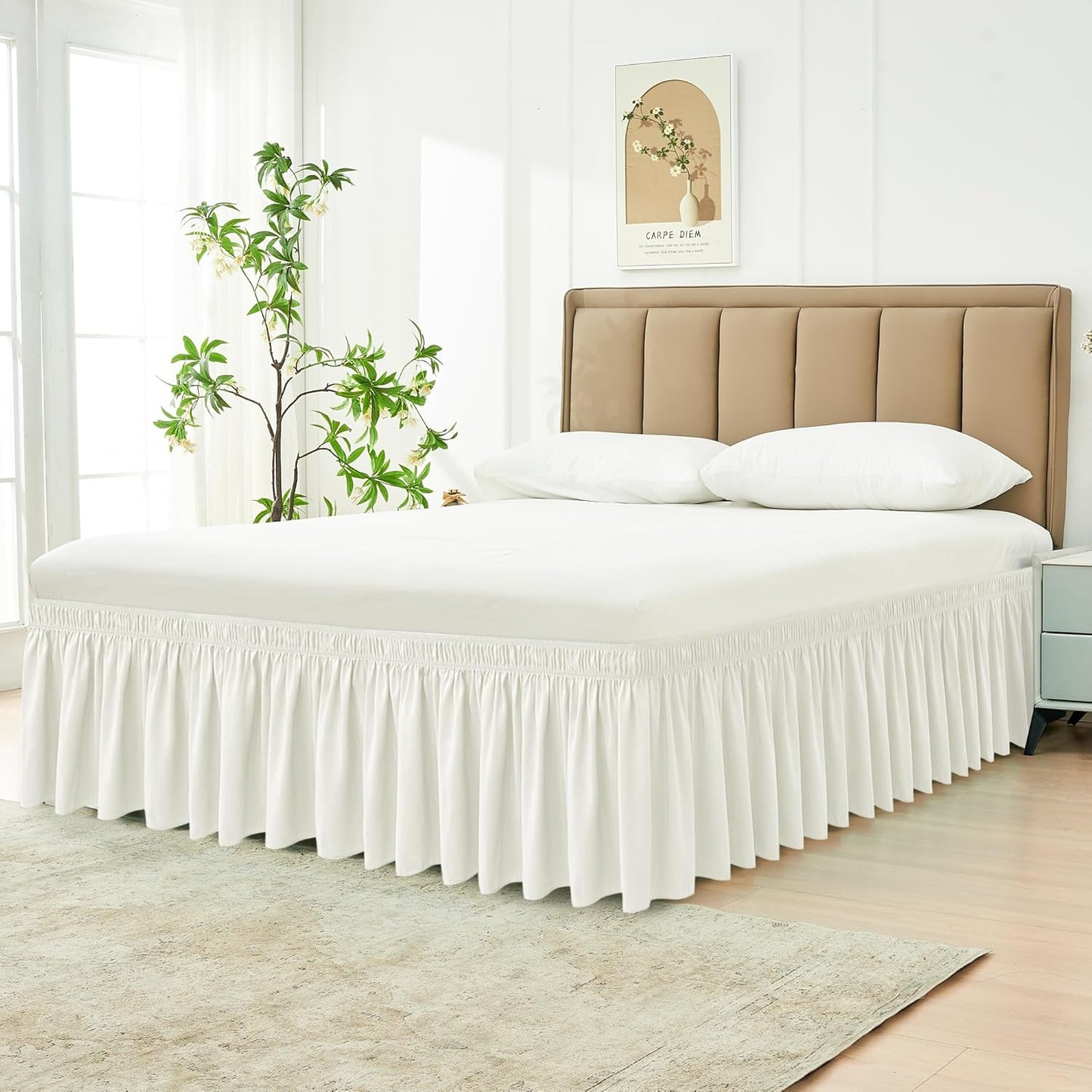 Wrap Around Bed Skirts  15" Drop, Aqua Adjustable Elastic Dust Ruffles Easy Fit Wrinkle & Fade Resistant  Machine Washable ,Beige