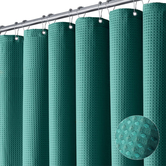 Fabric Shower Curtain - Waffle Weave Weighted Thick Cloth Shower Curtains for Bathroom, Hotel Spa Luxury Bath Curtain Set with 10 Hooks,Seaweed Green