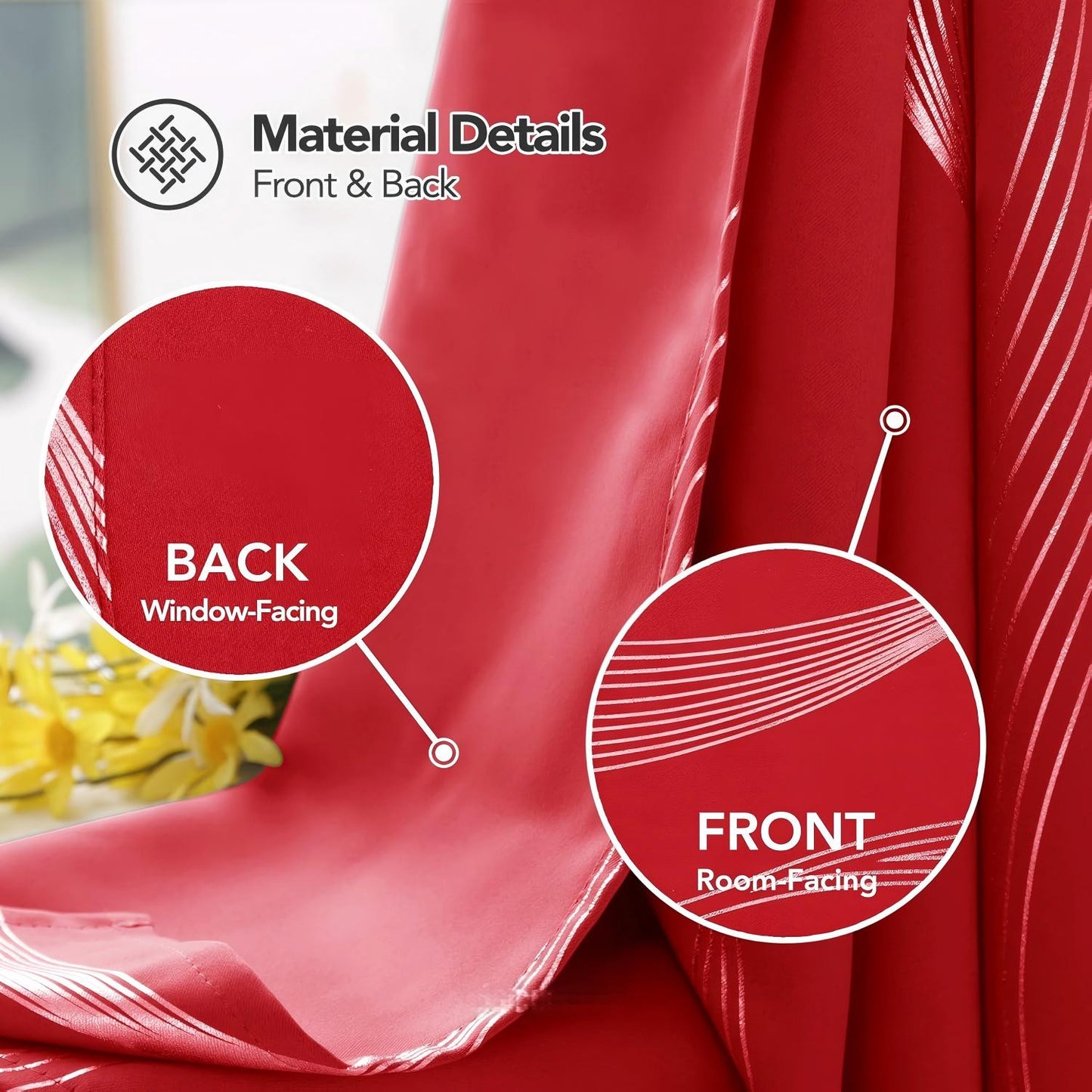 Silver Wave Print Blackout Curtains - Thermal Insulated & Noise‑Reducing Grommet Drapes for Bedroom & Living Room,  2 Panels ,Red