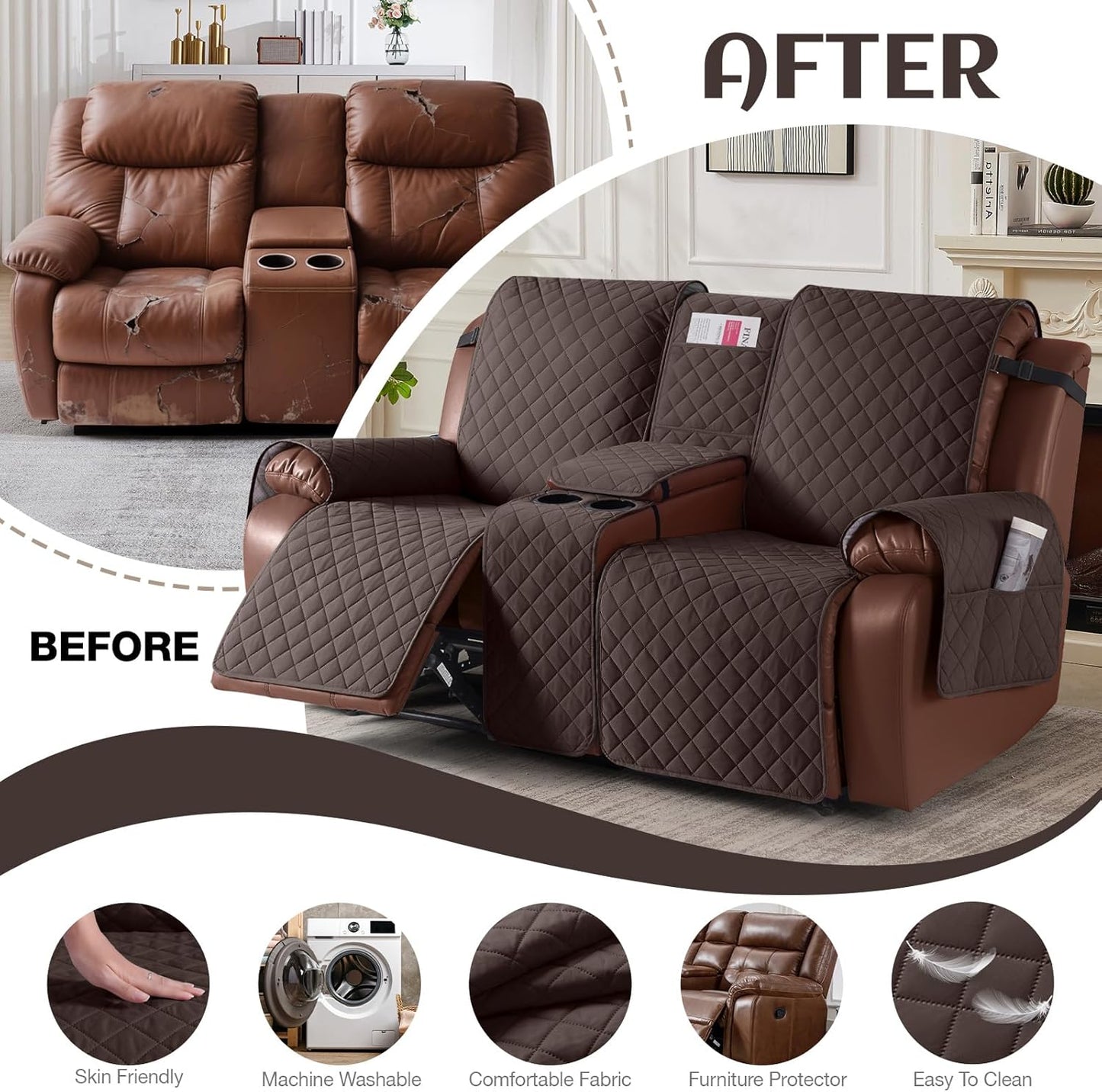100%Waterproof  with Console, Non-Slip Reclining Couch Covers for 2 Seat, Recliner Sofa Cover Furniture Protector with Elastic Straps for Kids, Pets,Brown