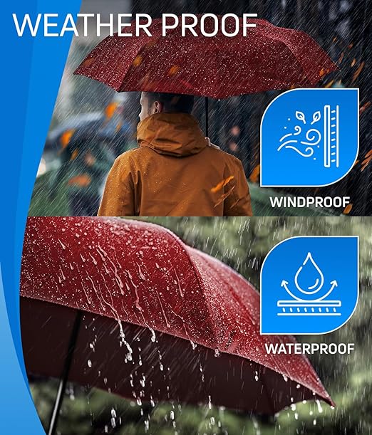 Windproof Compact Umbrellas for Rain - Strong Design & Auto Open & Close - Portable Folding Travel  -All-weather-Light & Portable for Women & Men,Burgundy