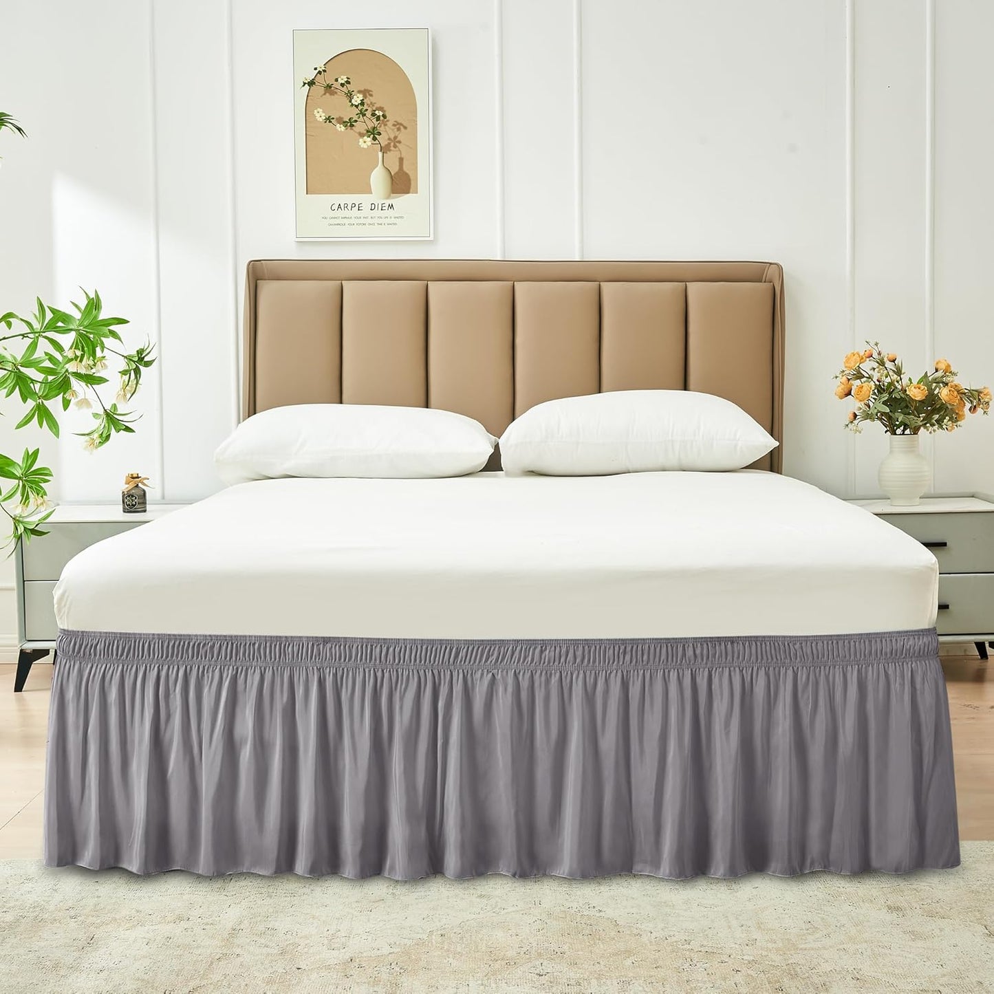 Wrap Around Bed Skirts  15" Drop, Aqua Adjustable Elastic Dust Ruffles Easy Fit Wrinkle & Fade Resistant  Machine Washable ,Grey