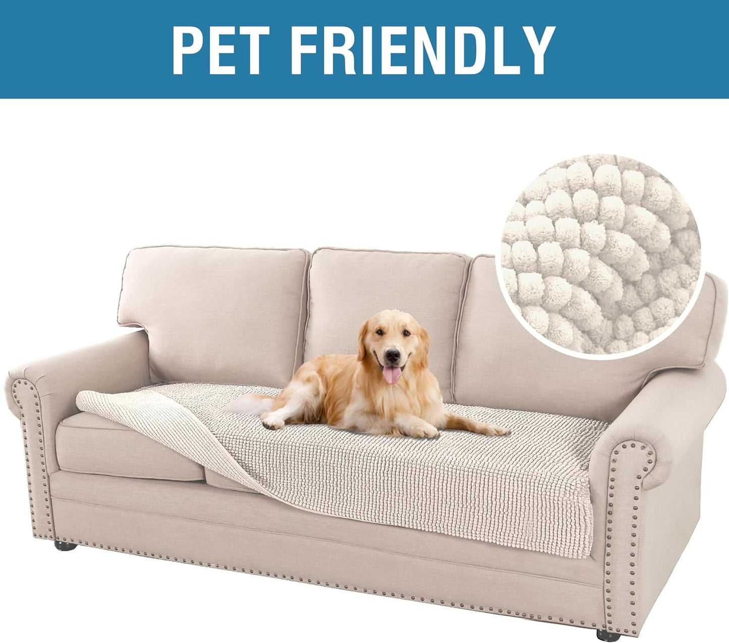 Plush Chenille Dog Bed Cover Thick Soft Sofa Cover for Cushion Couch Anti Slip Couch Cover Water Resistant Furniture Protector for Dog, Pet, Cat,Ivory