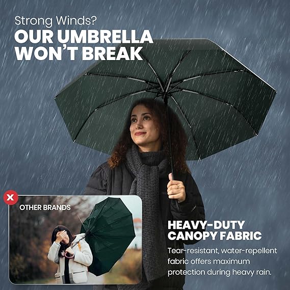 Windproof Compact Umbrellas for Rain - Strong Design & Auto Open & Close - Portable Folding Travel  -All-weather-Light & Portable for Women & Men,Dark Green