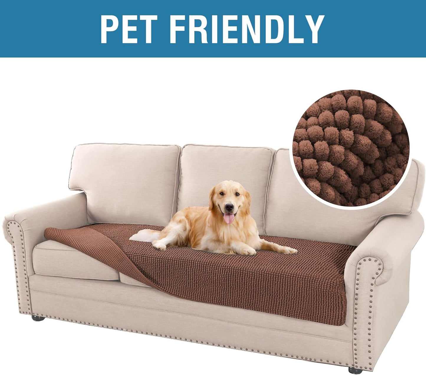 Plush Chenille Dog Bed Cover Thick Soft Sofa Cover for Cushion Couch Anti Slip Couch Cover Water Resistant Furniture Protector for Dog, Pet, Cat,Caramel