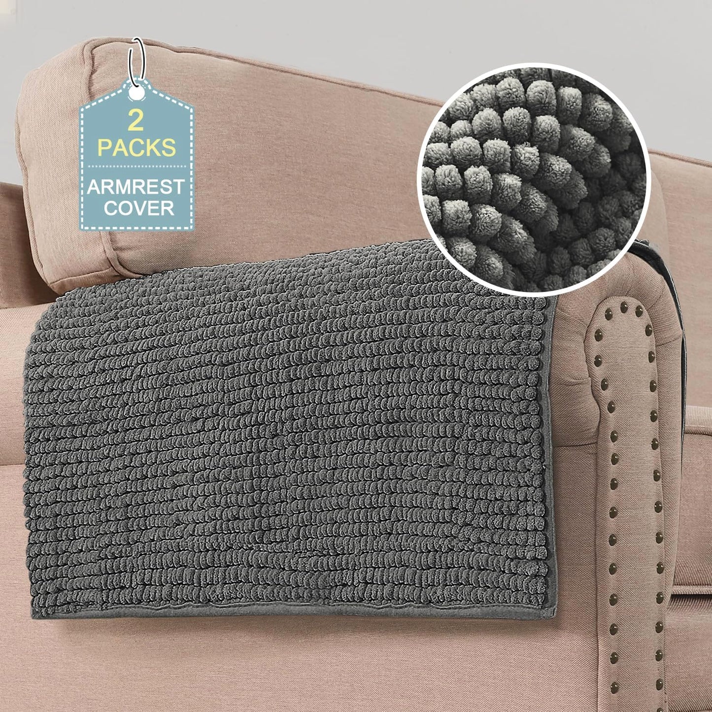 2 Packs Plush Chenille Couch Armrest Cover Thick and Soft Sofa Covers Water Resistant Furniture Protector Cover for Pets,Grey