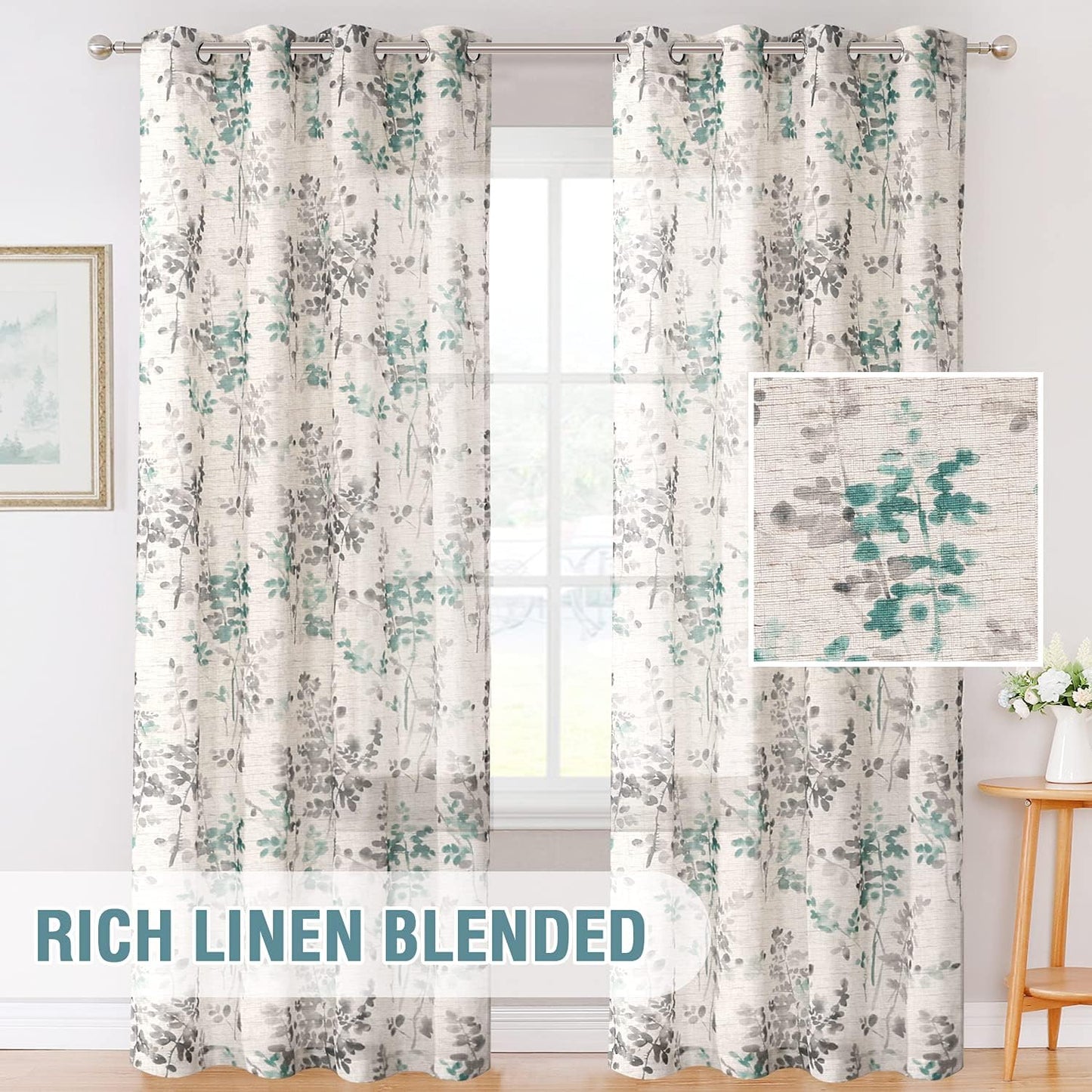 Sheer Linen Curtains Semi Sheer Curtains Draperies for Living Room/Bedroom Vintage Classical Floral Printing Window Treatment Grommet 2 Panels,Grey/Turquoise