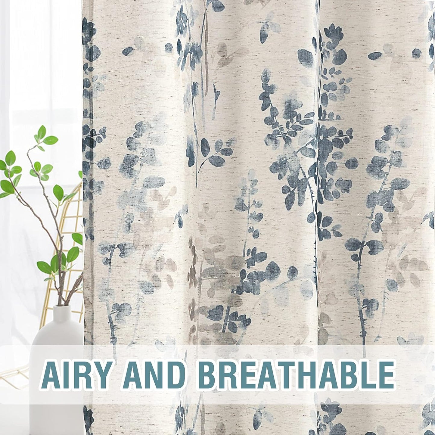Sheer Linen Curtains Semi Sheer Curtains Draperies for Living Room/Bedroom Vintage Classical Floral Printing Window Treatment Grommet 2 Panels,Blue/Taupe