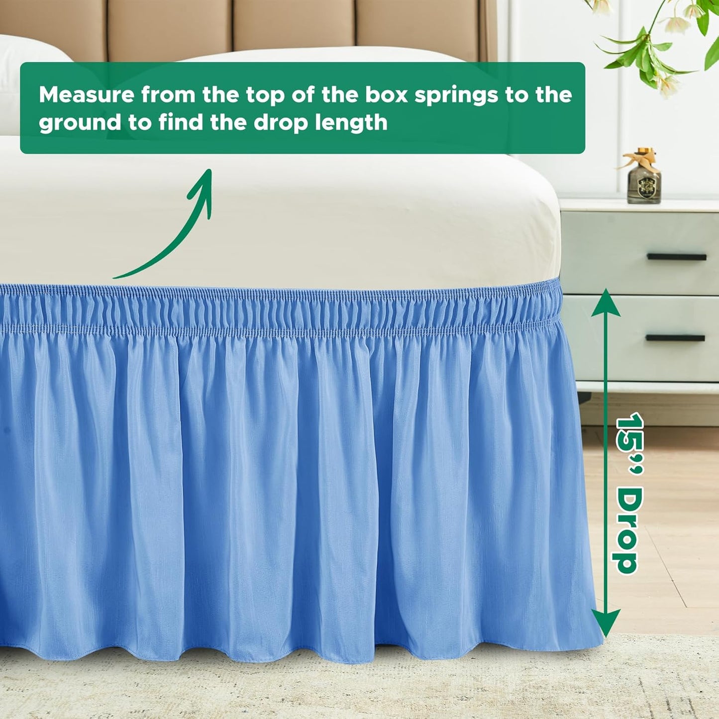 Wrap Around Bed Skirts  15" Drop, Aqua Adjustable Elastic Dust Ruffles Easy Fit Wrinkle & Fade Resistant  Machine Washable ,Blue