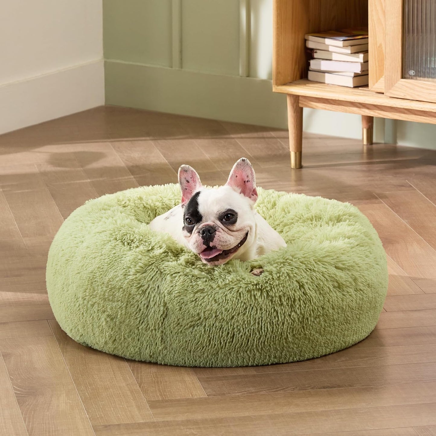 Anti Anxiety Round Fluffy Plush Faux Fur Warm Washable Dog Bed & Cat Bed, Original Bed for Small Medium Large Pets,Green