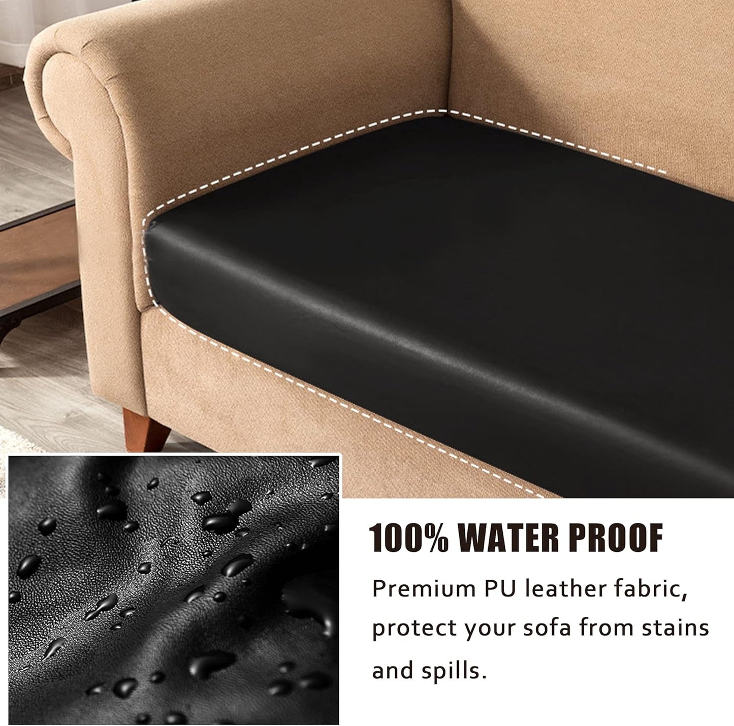 Waterproof PU Sofa Cushion Covers, Leather RV Chair Seat Slipcover with Elastic Bottom Furniture Protector for Settee Seater Replacement, Washable,Black