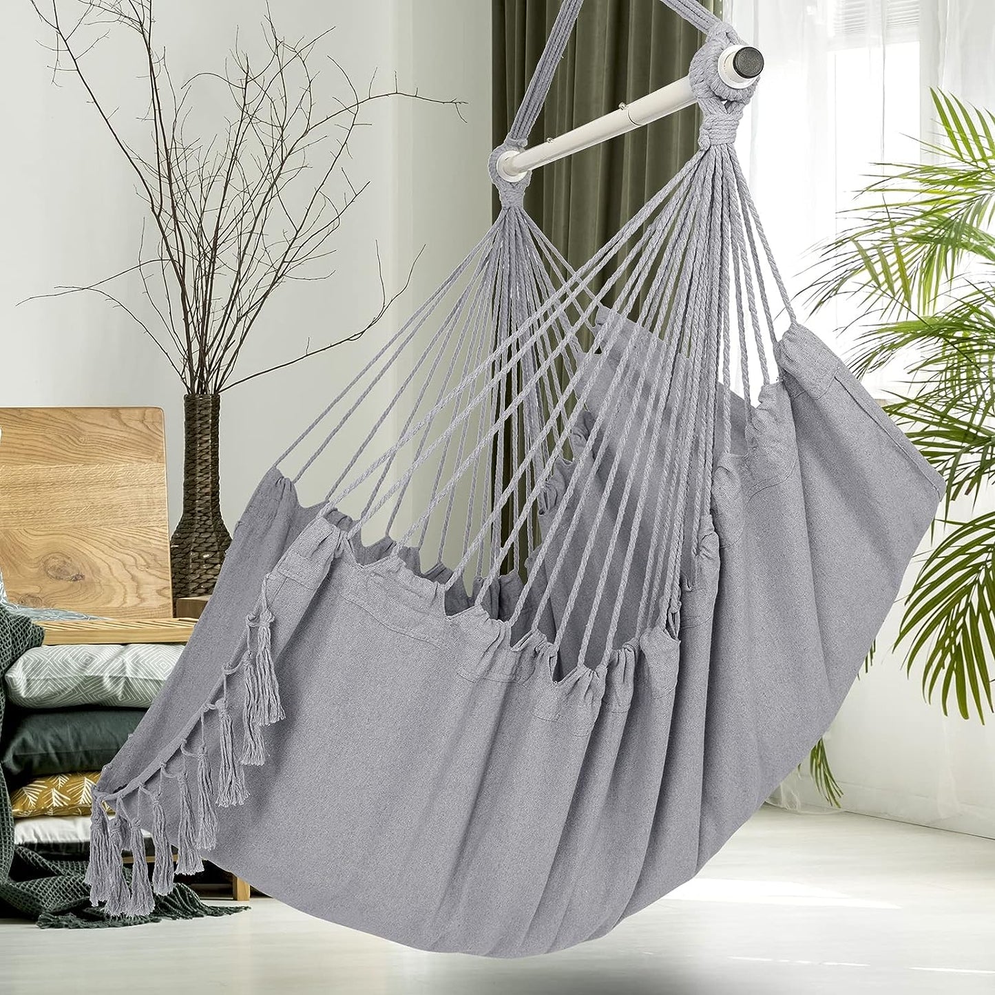 Hammock Chair Hanging Rope Swing, Large Hanging Chair with Pocket and tassels,Cushions for Superior Comfort, with Hardware Kit (Light Grey)