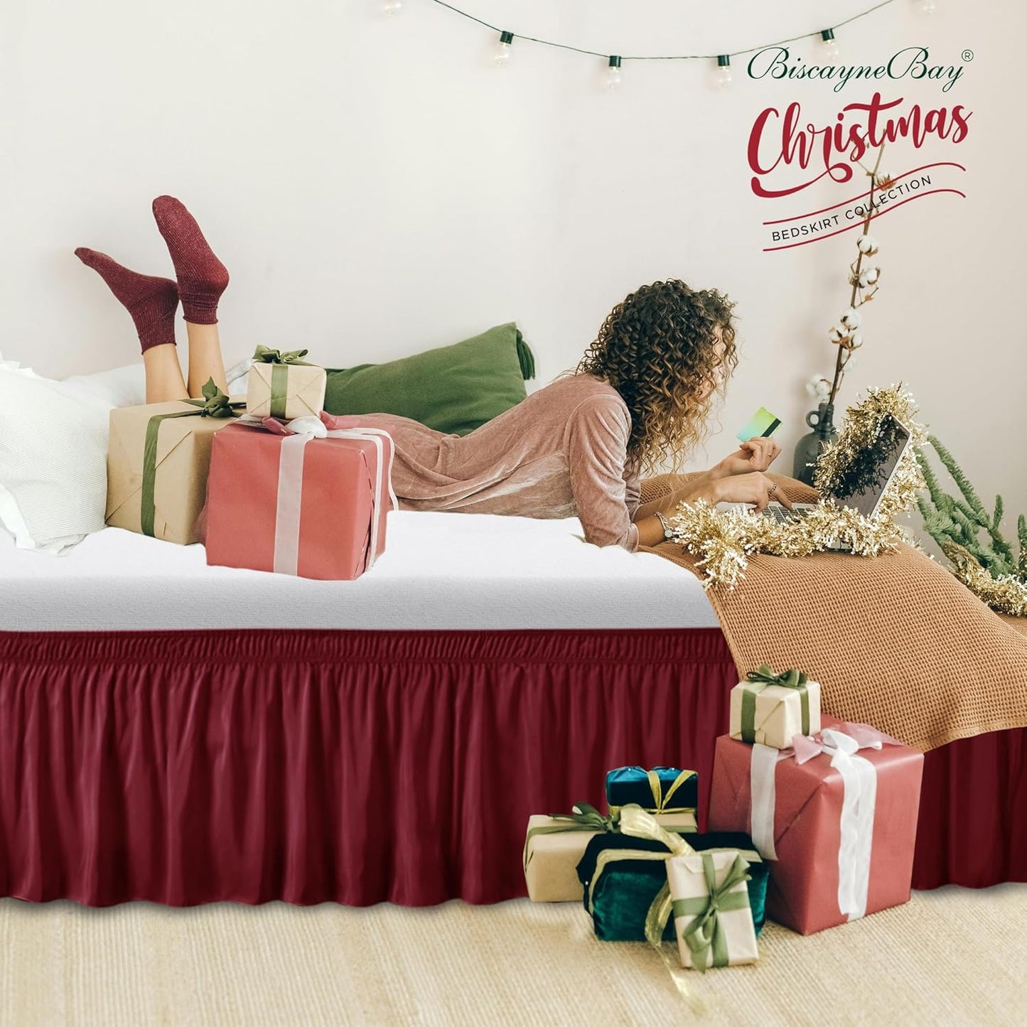 Wrap Around Bed Skirts  15" Drop, Aqua Adjustable Elastic Dust Ruffles Easy Fit Wrinkle & Fade Resistant  Machine Washable ,Burgundy