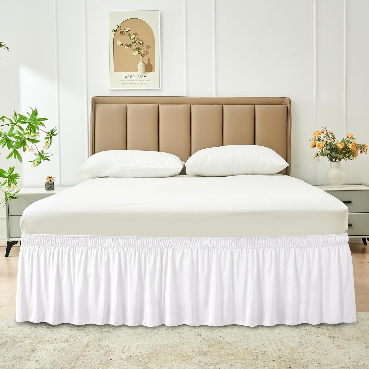 Wrap Around Bed Skirts  15" Drop, Aqua Adjustable Elastic Dust Ruffles Easy Fit Wrinkle & Fade Resistant  Machine Washable ,White