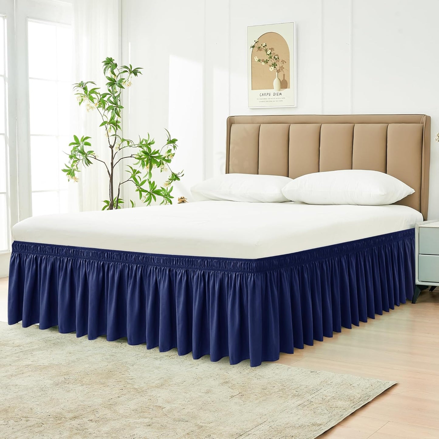Wrap Around Bed Skirts  15" Drop, Aqua Adjustable Elastic Dust Ruffles Easy Fit Wrinkle & Fade Resistant  Machine Washable ,Navy