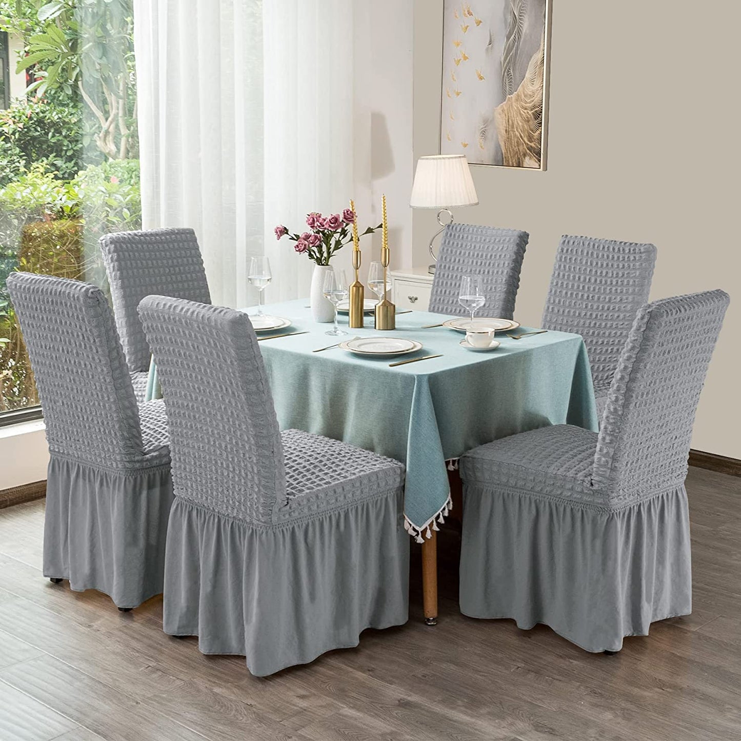 Stretchy Dining Room Chair Covers with Long Skirt, Suitable for families, parties, dirt resistant ,Set of 2/4/6/8 PCS,Dove