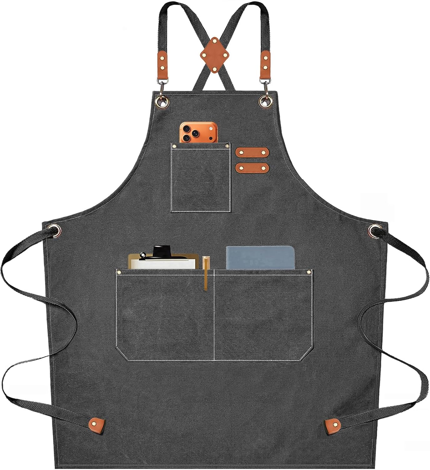 Chef Aprons for Men Women with Oversized Pockets,Cotton Canvas Cross Back Heavy Duty Work Apron,Grey