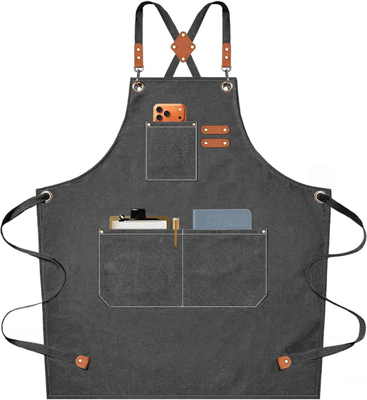 Chef Aprons for Men Women with Oversized Pockets,Cotton Canvas Cross Back Heavy Duty Work Apron,Grey