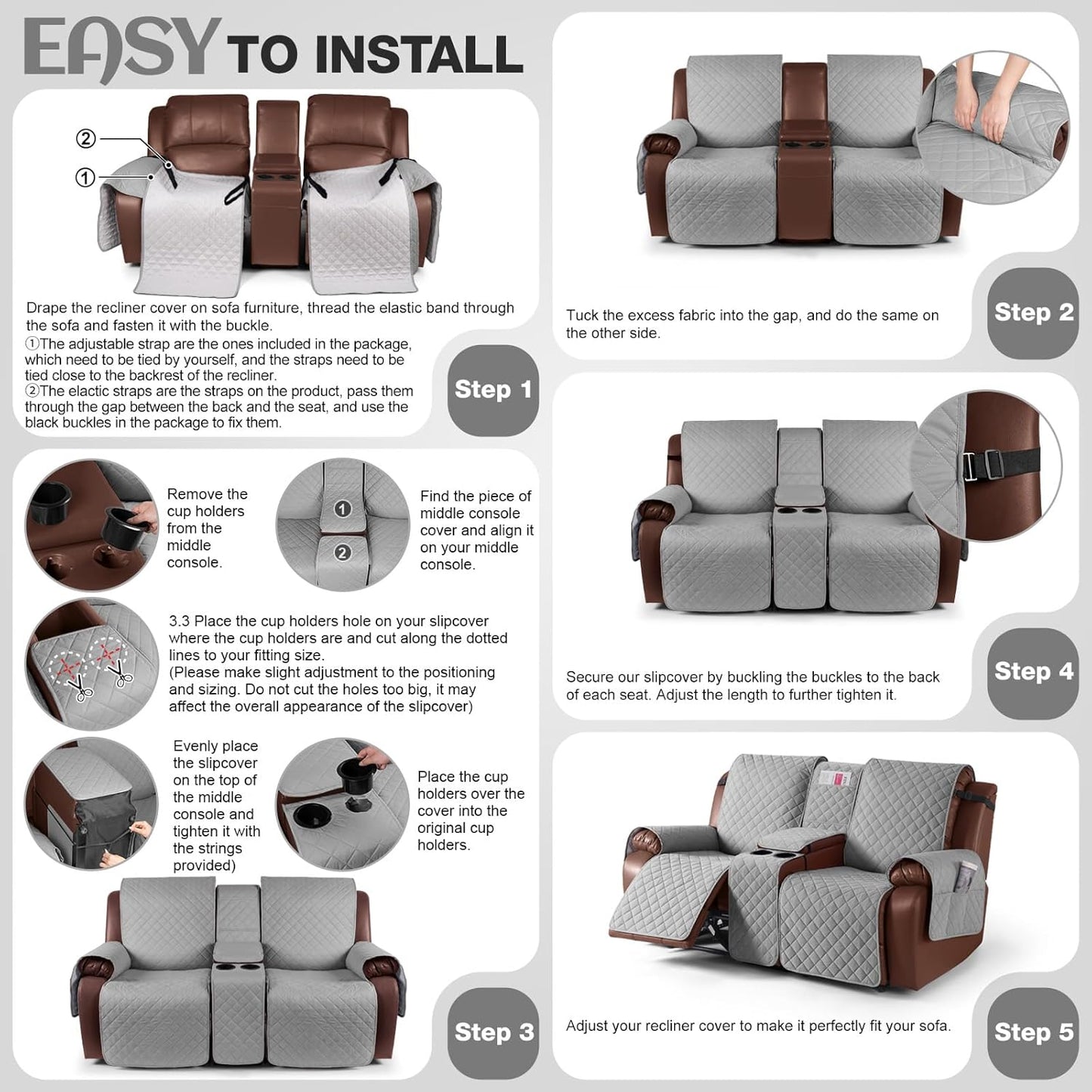 100%Waterproof  with Console, Non-Slip Reclining Couch Covers for 2 Seat, Recliner Sofa Cover Furniture Protector with Elastic Straps for Kids, Pets,Lightgrey
