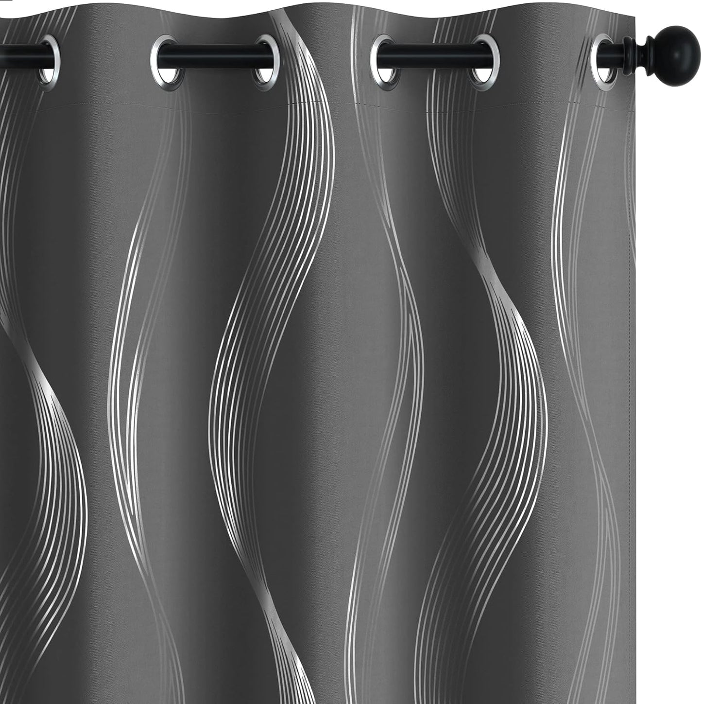 Silver Wave Print Blackout Curtains - Thermal Insulated & Noise‑Reducing Grommet Drapes for Bedroom & Living Room,  2 Panels ,Grey