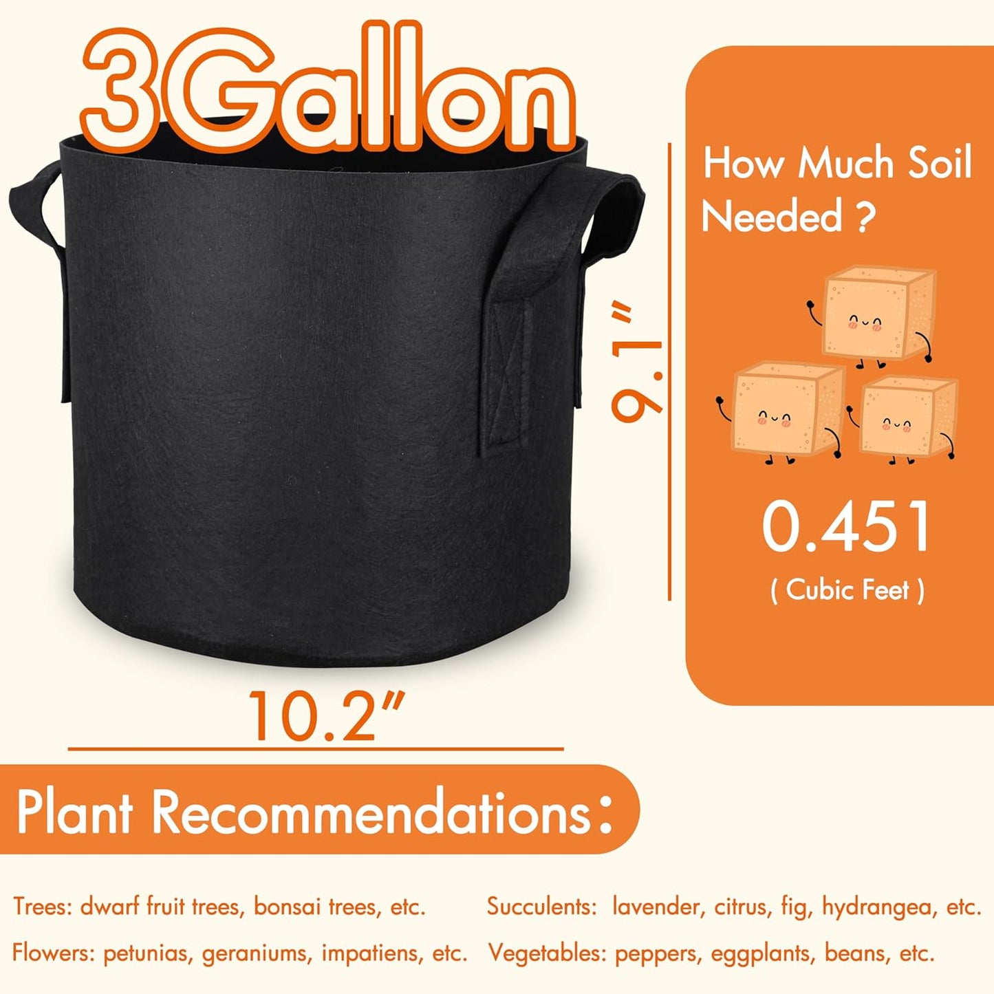 10-Pack 3 Gallon Grow Bags, Aeration Fabric Pots with Handles, Heavy Duty Cloth Pots for Plants
