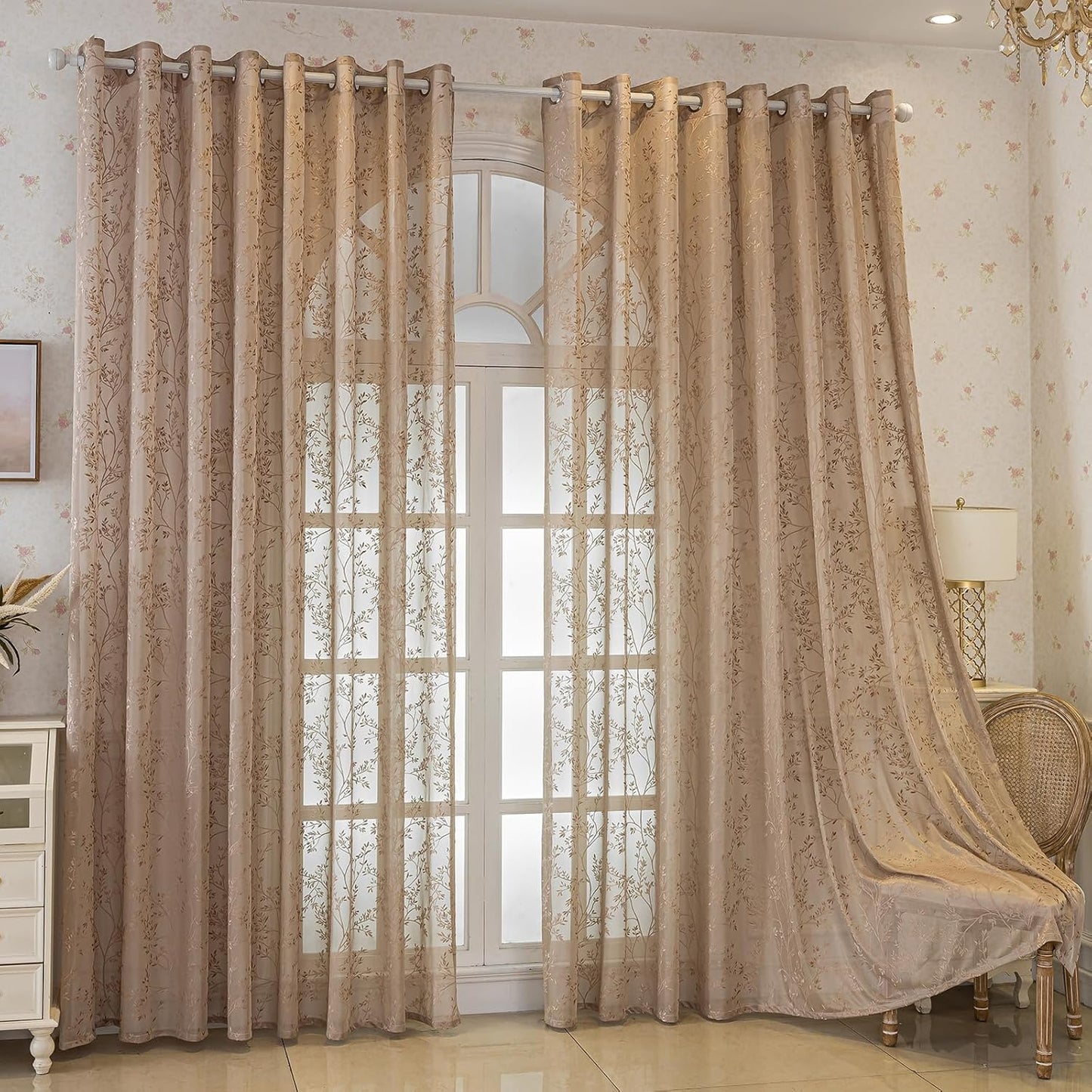 Coffee Lace Sheer Curtains, Farmhouse Leaf Jacquard Grommet Window Curtain for Living Room/Bedroom, Voile Sheer Panel Drapes