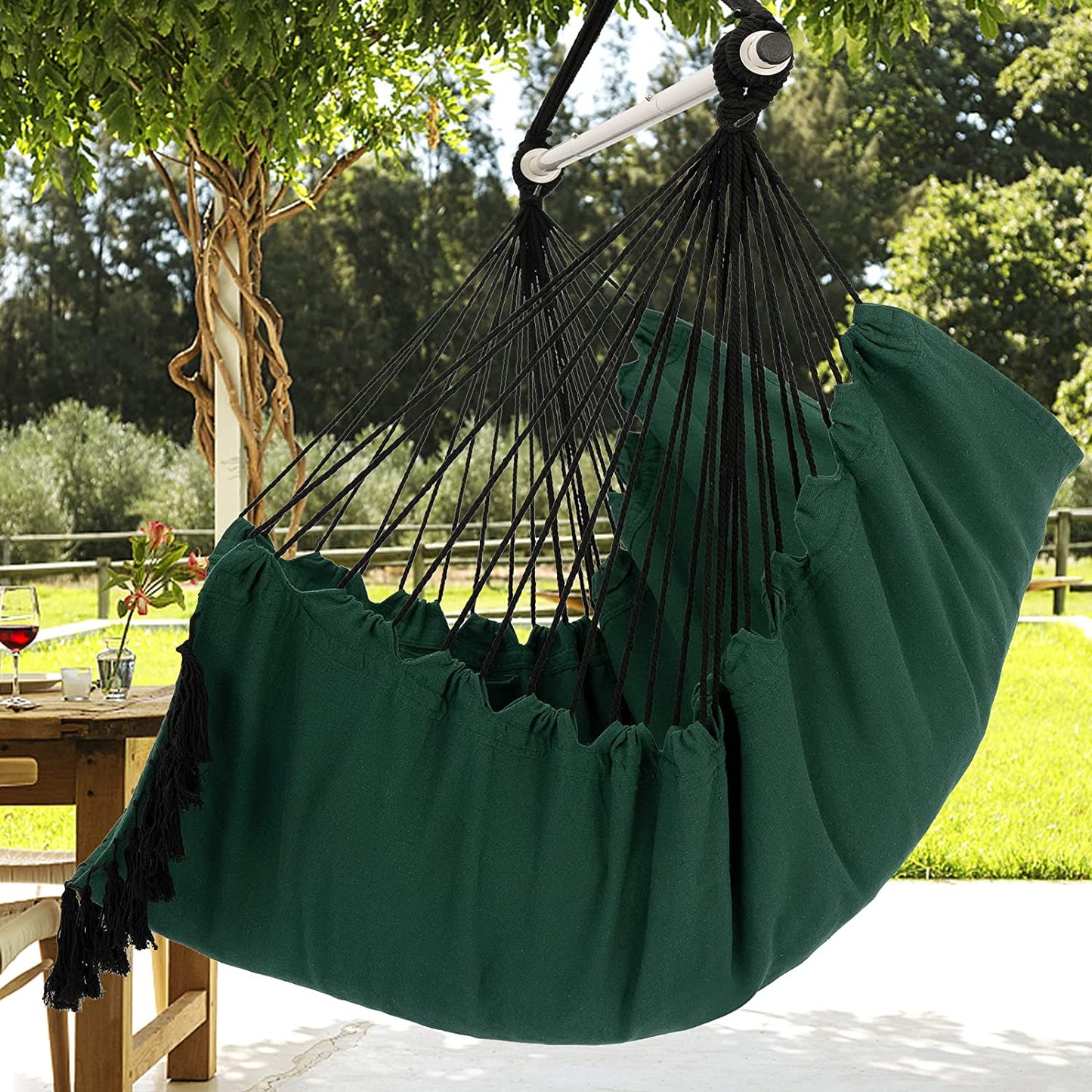Hammock Chair Hanging Rope Swing, Large Hanging Chair with Pocket and tassels,Cushions for Superior Comfort, with Hardware Kit (GREEN)