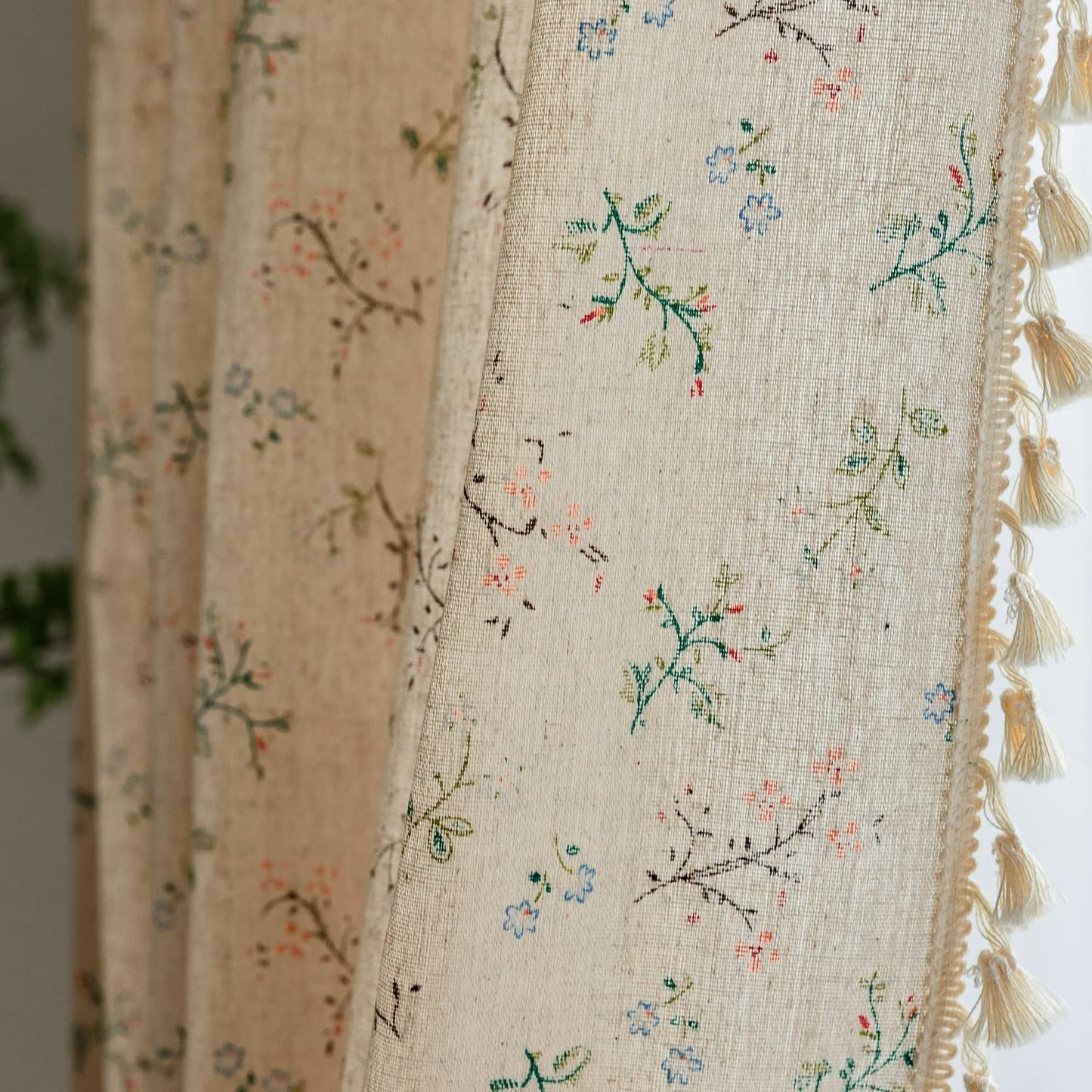 Bohemian style gardenia tassels with semi shading and rod piercing curtains, living room, bedroom, 2 pieces