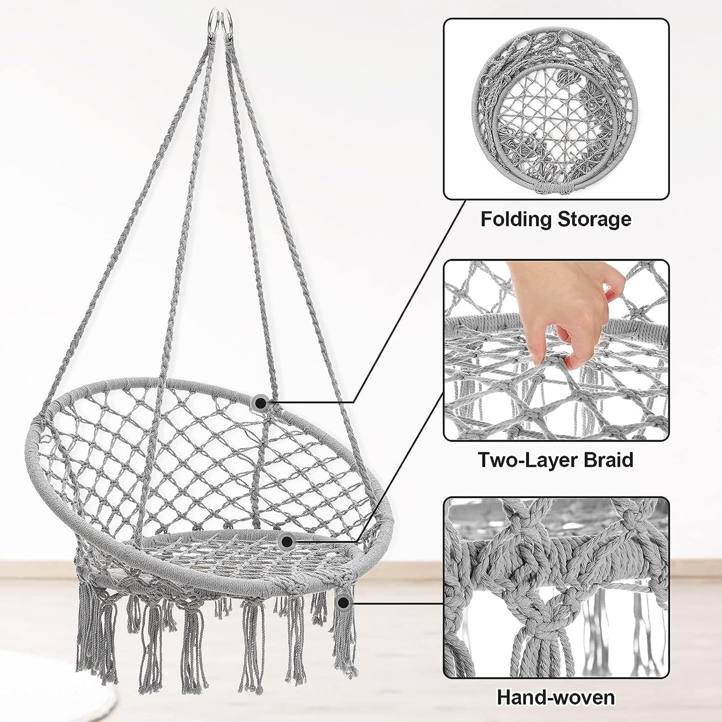 Macrame Hammock Hanging Rocking Chair, Suitable for Bedroom, Outdoor, Children, Adults, Huge Load-bearing Capacity（Light Grey）