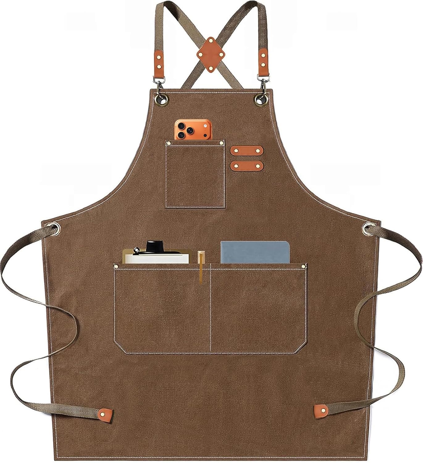 Chef Aprons for Men Women with Oversized Pockets,Cotton Canvas Cross Back Heavy Duty Work Apron,Brown