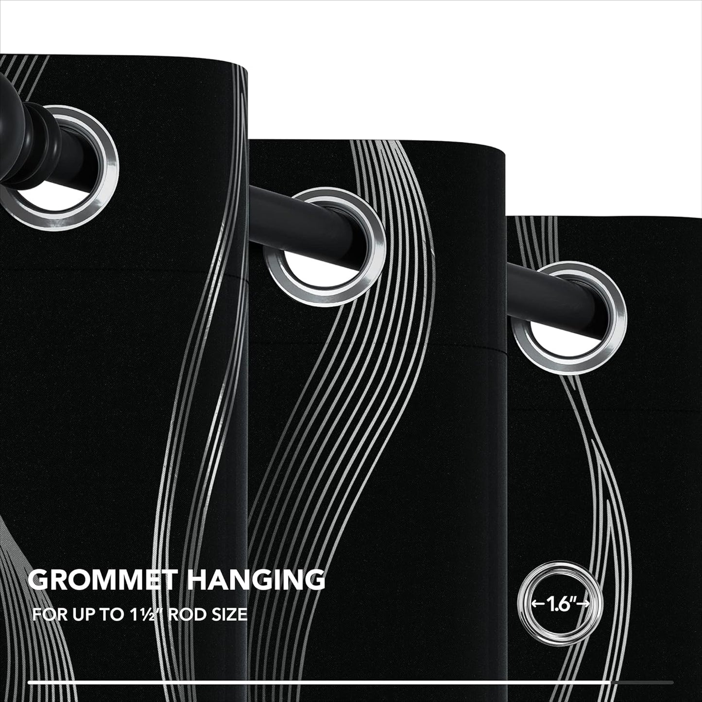 Silver Wave Print Blackout Curtains - Thermal Insulated & Noise‑Reducing Grommet Drapes for Bedroom & Living Room,  2 Panels ,Black