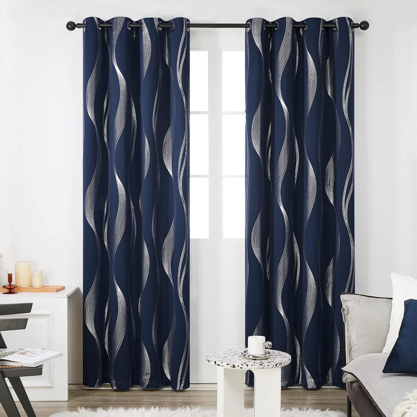 Silver Wave Print Blackout Curtains - Thermal Insulated & Noise‑Reducing Grommet Drapes for Bedroom & Living Room,  2 Panels ,Navy