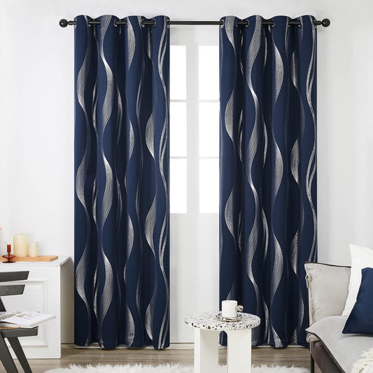 Silver Wave Print Blackout Curtains - Thermal Insulated & Noise‑Reducing Grommet Drapes for Bedroom & Living Room,  2 Panels ,Navy