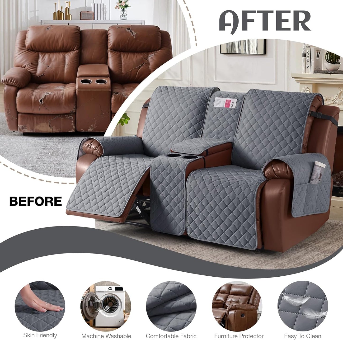 100%Waterproof  with Console, Non-Slip Reclining Couch Covers for 2 Seat, Recliner Sofa Cover Furniture Protector with Elastic Straps for Kids, Pets,Grey