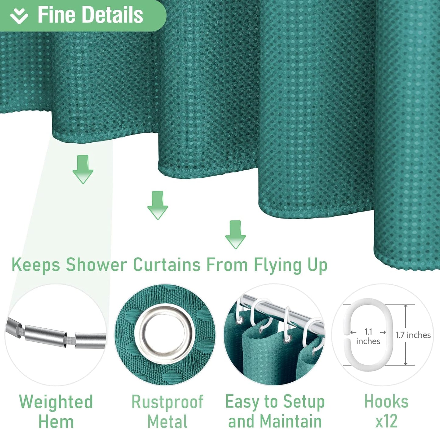 Fabric Shower Curtain - Waffle Weave Weighted Thick Cloth Shower Curtains for Bathroom, Hotel Spa Luxury Bath Curtain Set with 10 Hooks,Seaweed Green