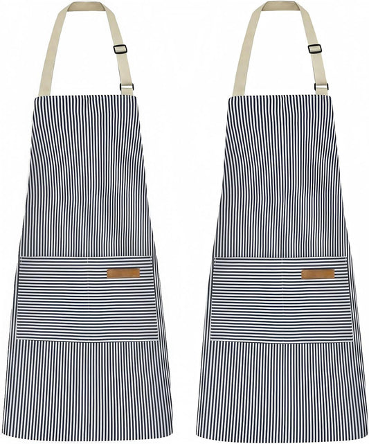 2 Pack Kitchen Cooking Aprons, Adjustable Bib Soft Chef Apron with 2 Pockets for Men Women(Blue/Blue)