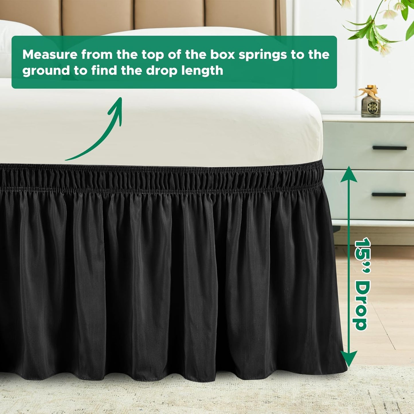 Wrap Around Bed Skirts  15" Drop, Aqua Adjustable Elastic Dust Ruffles Easy Fit Wrinkle & Fade Resistant  Machine Washable ,Black