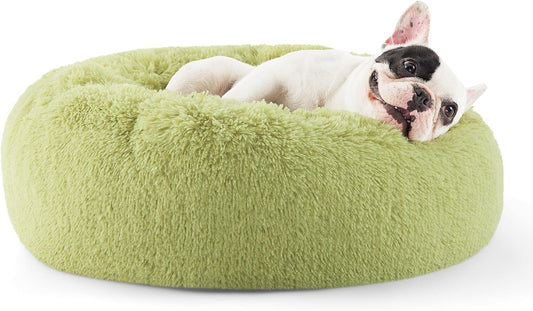 Anti Anxiety Round Fluffy Plush Faux Fur Warm Washable Dog Bed & Cat Bed, Original Bed for Small Medium Large Pets,Green