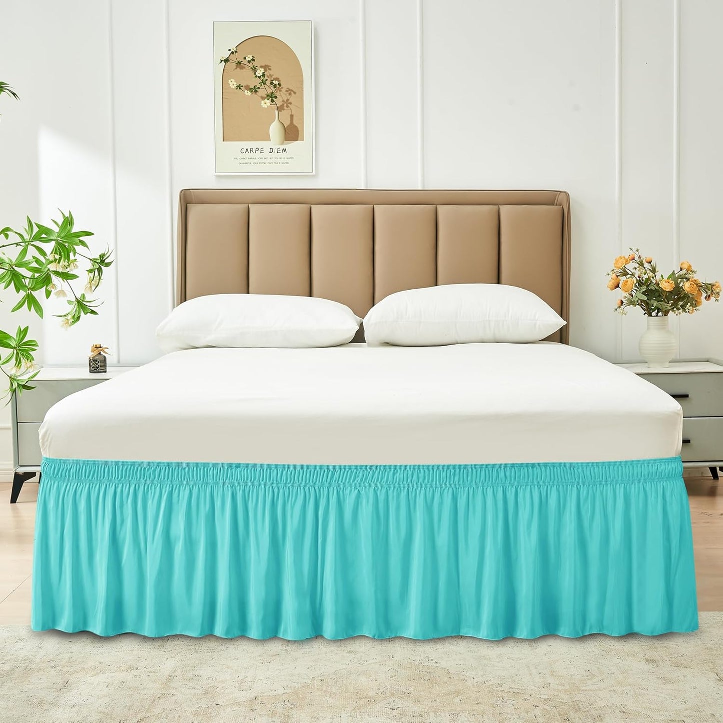 Wrap Around Bed Skirts  15" Drop, Aqua Adjustable Elastic Dust Ruffles Easy Fit Wrinkle & Fade Resistant  Machine Washable ,Aqua