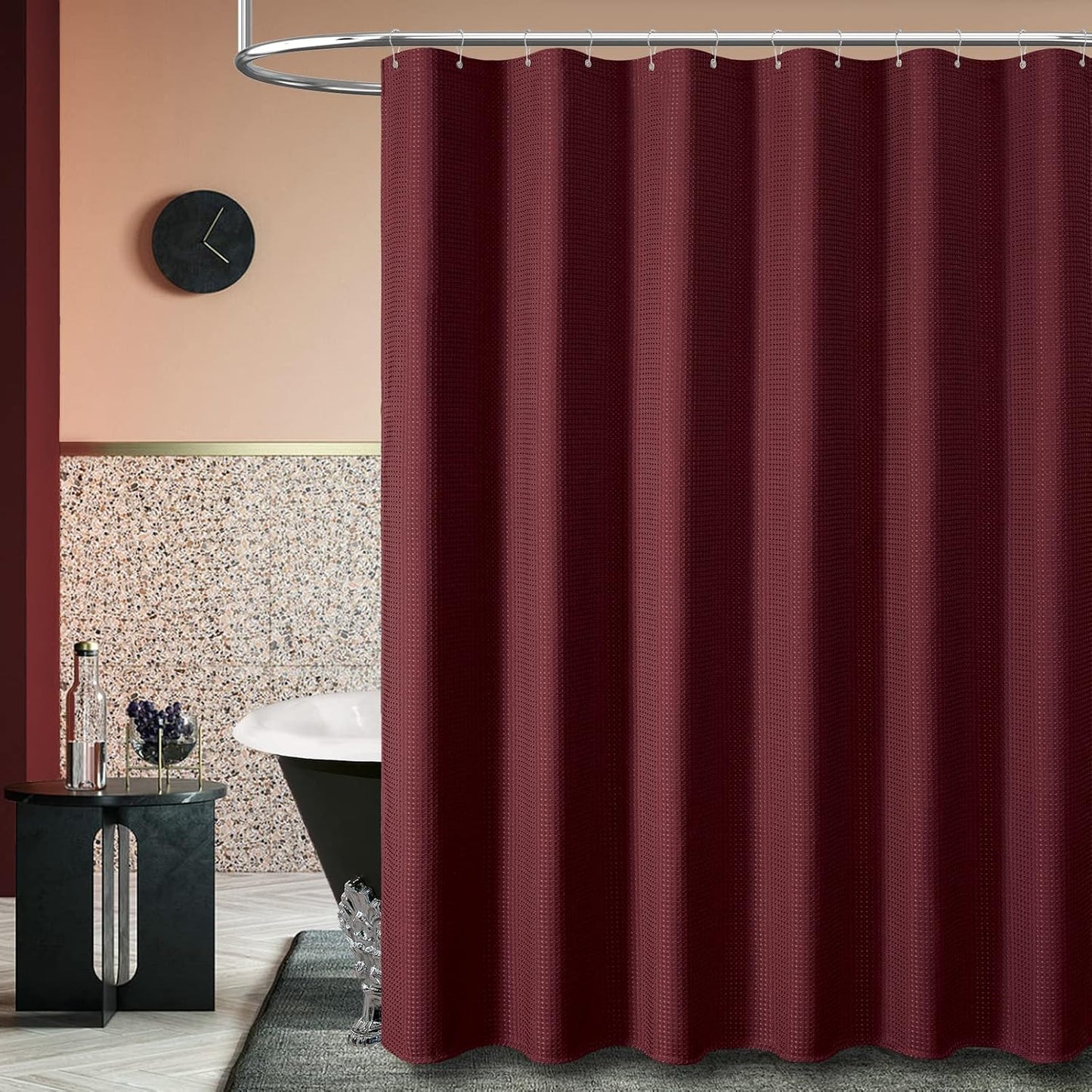 Fabric Shower Curtain - Waffle Weave Weighted Thick Cloth Shower Curtains for Bathroom, Hotel Spa Luxury Bath Curtain Set with 10 Hooks,Burgundy