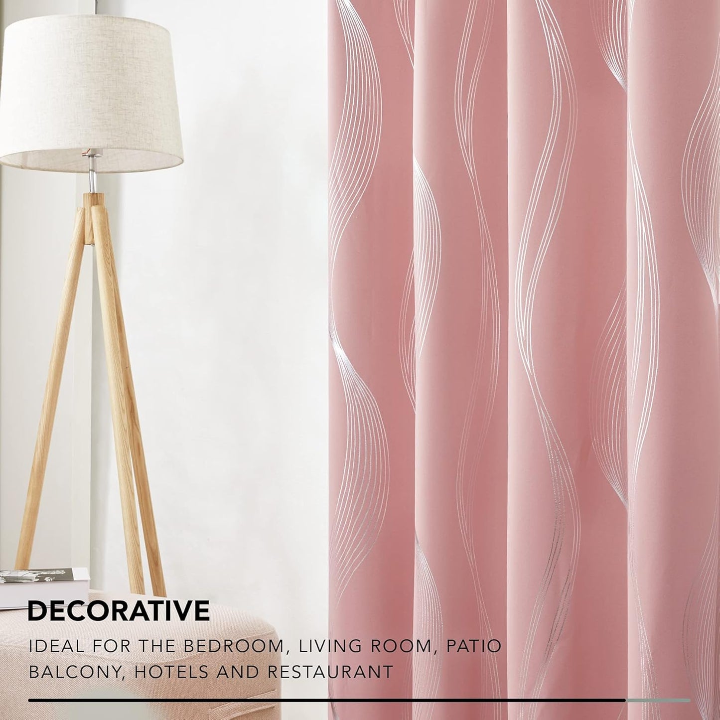 Silver Wave Print Blackout Curtains - Thermal Insulated & Noise‑Reducing Grommet Drapes for Bedroom & Living Room,  2 Panels ,Pink