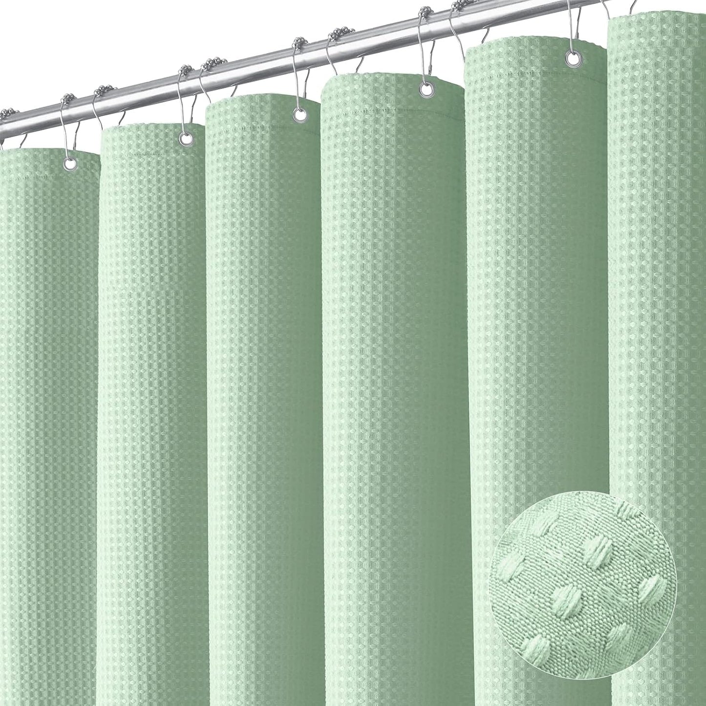 Fabric Shower Curtain - Waffle Weave Weighted Thick Cloth Shower Curtains for Bathroom, Hotel Spa Luxury Bath Curtain Set with 10 Hooks,Mint Green