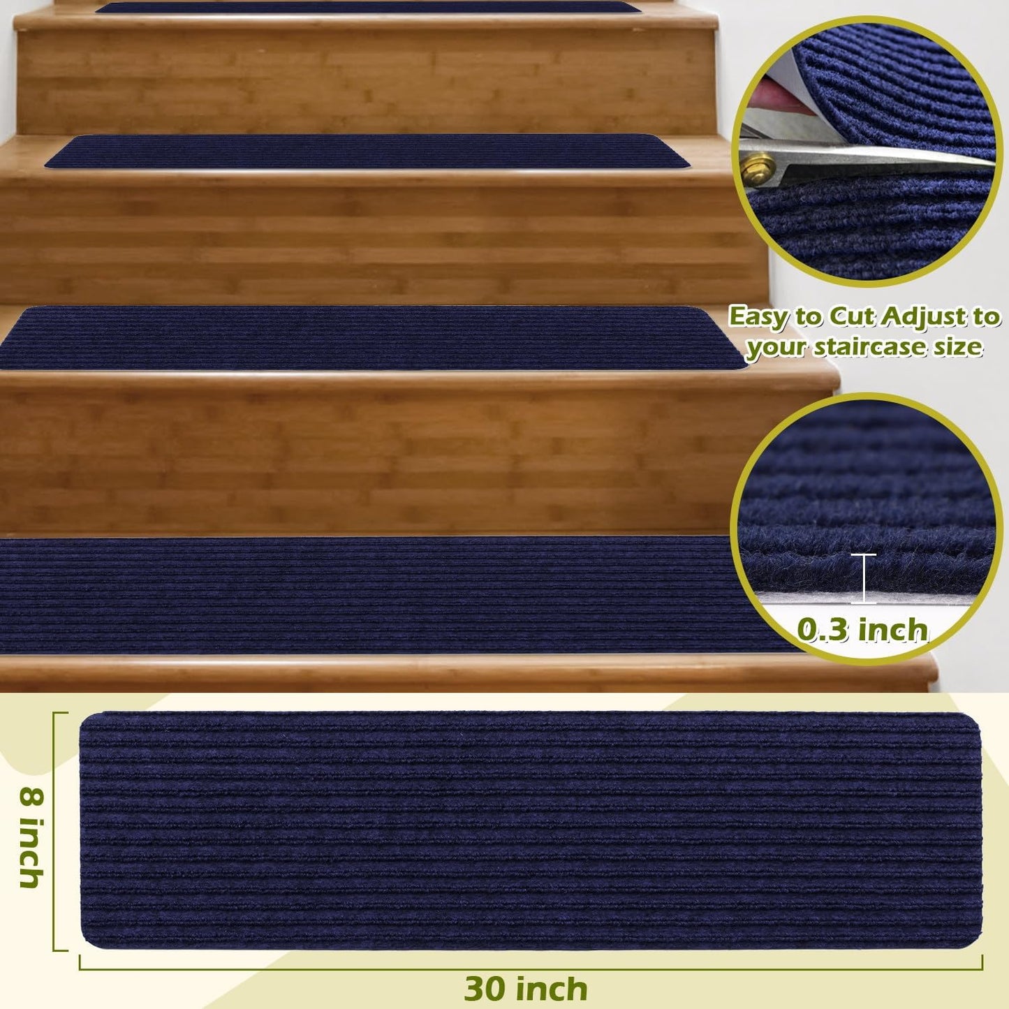 Stair Treads Carpet Non-Slip Indoor Stair Runners for Wooden Steps, Stair Rugs for Kids and Dogs, Set of 15, 8" X 30", Navy
