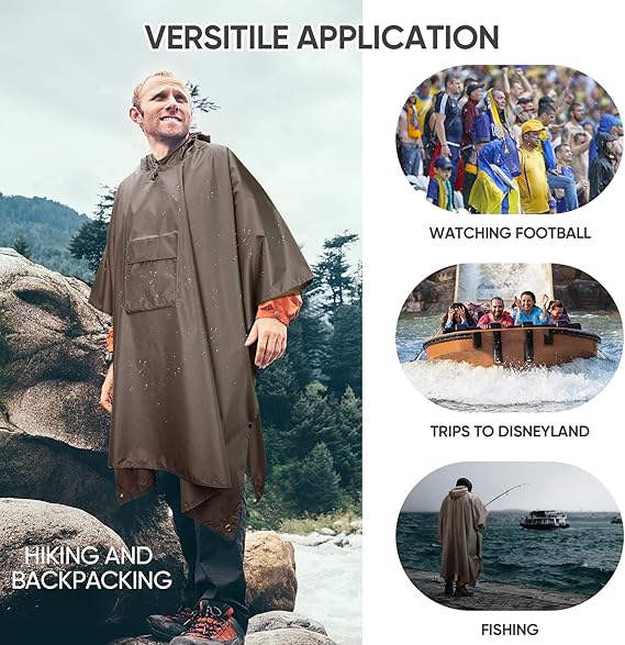 Hooded Rain Poncho for Adult with Pocket, Waterproof Lightweight Unisex Raincoat for Hiking Camping Emergency ,Brown