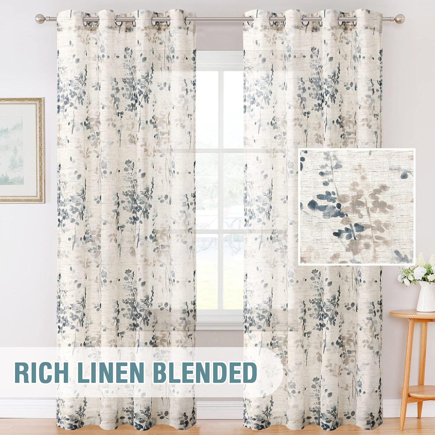 Sheer Linen Curtains Semi Sheer Curtains Draperies for Living Room/Bedroom Vintage Classical Floral Printing Window Treatment Grommet 2 Panels,Blue/Taupe