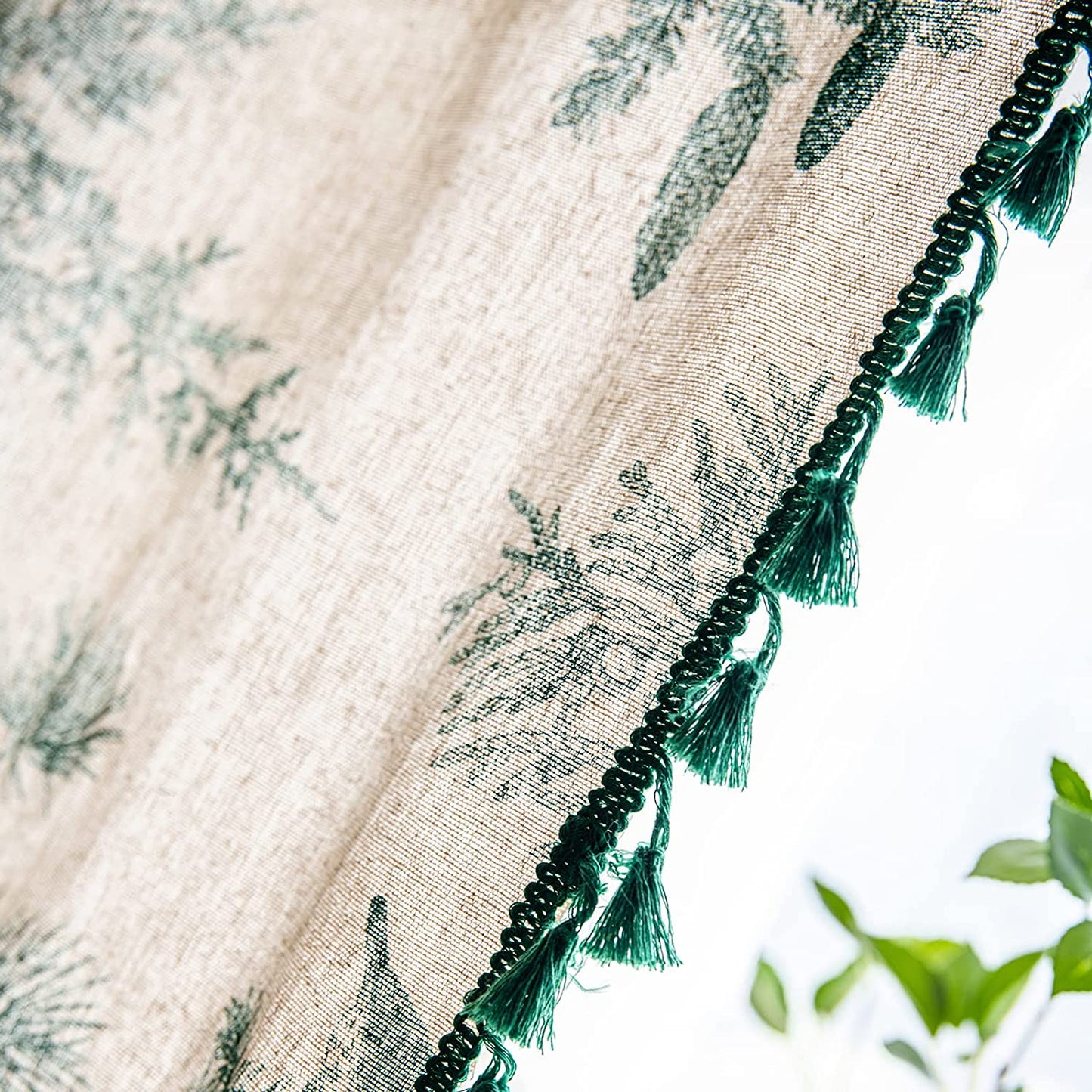 Bohemian style tassel green pine nut semi shading through rod curtain room, living room, bedroom, 2 pieces